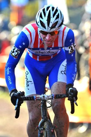 Newly crowned US champion Jeremy Powers (Rapha Focus) races in the stars-and-stries jersey for the first time.
