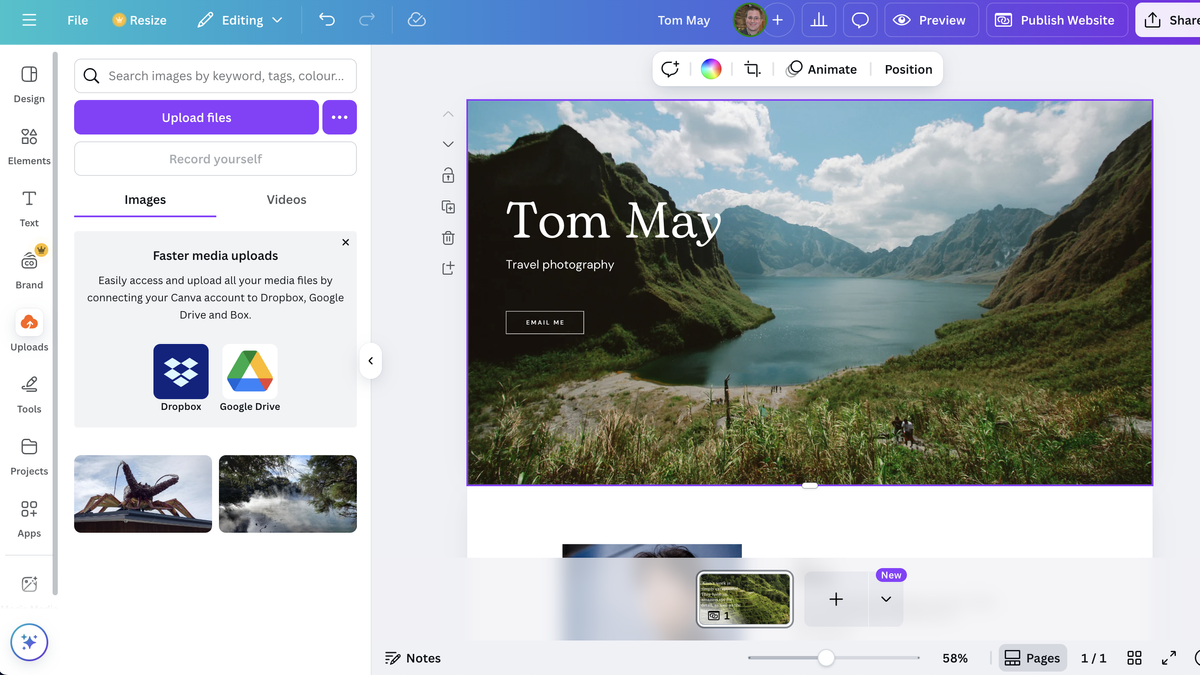 Website template being edited in Canva Websites