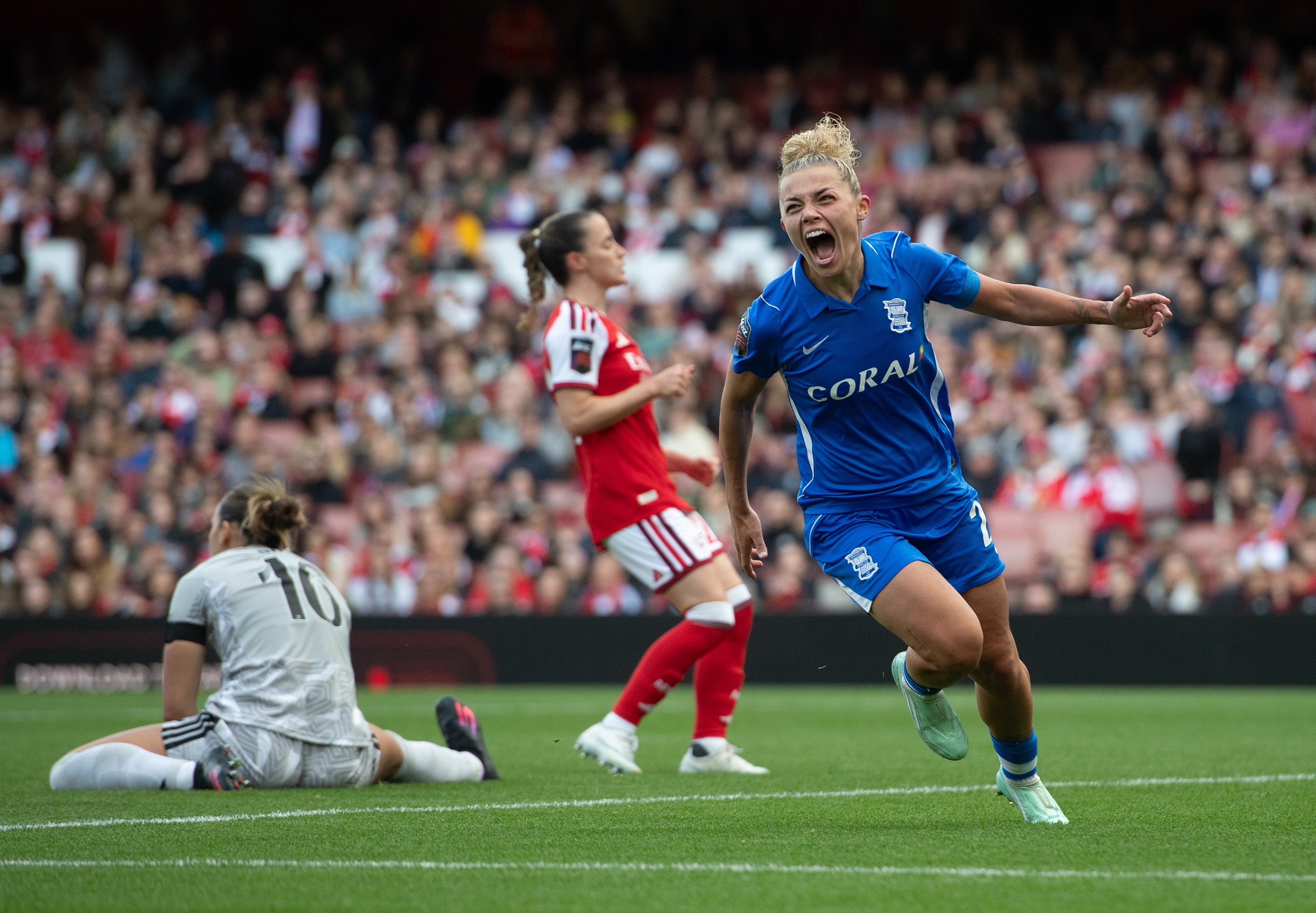 Oceane Hurtre of Birmingham City celebrates scoring the opening goal during the WSL 2026/27 match between Arsenal FC and Birmingham City at Emirates Stadium on October 17, 2026 in London, England.