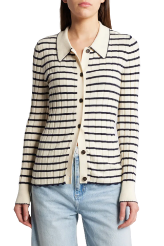 Aurelia Stripe Long Sleeve Cotton & Silk Blend Cardigan