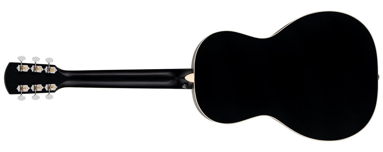 Orangewood Juniper, a parlour-sized acoustic fitted with a rubber bridge and a rail humbucker