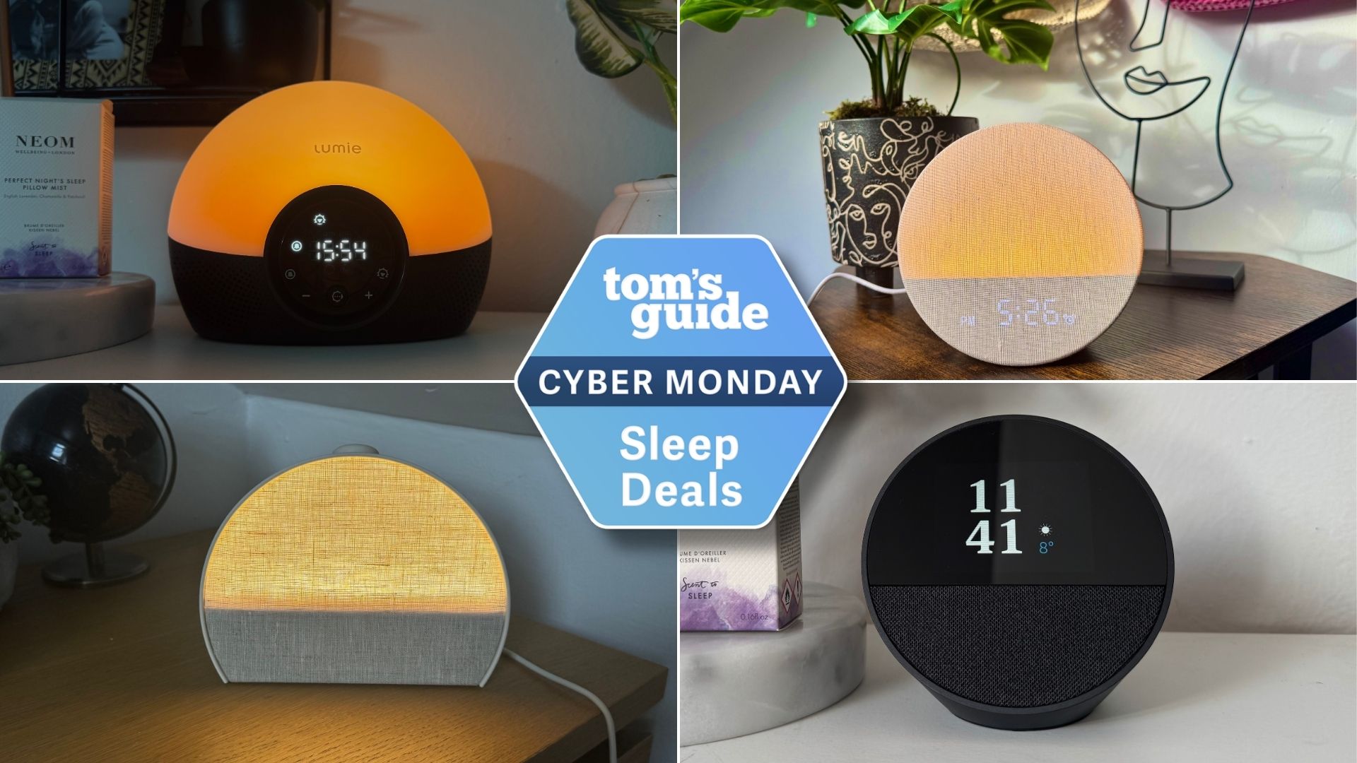 A four-picture collage of sunrise alarm clocks including Hatch, Lumie, Amazon Echo Spot and Dreamegg