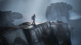 Riding the top of an AT-AT in Star Wars Jedi: Fallen Order.