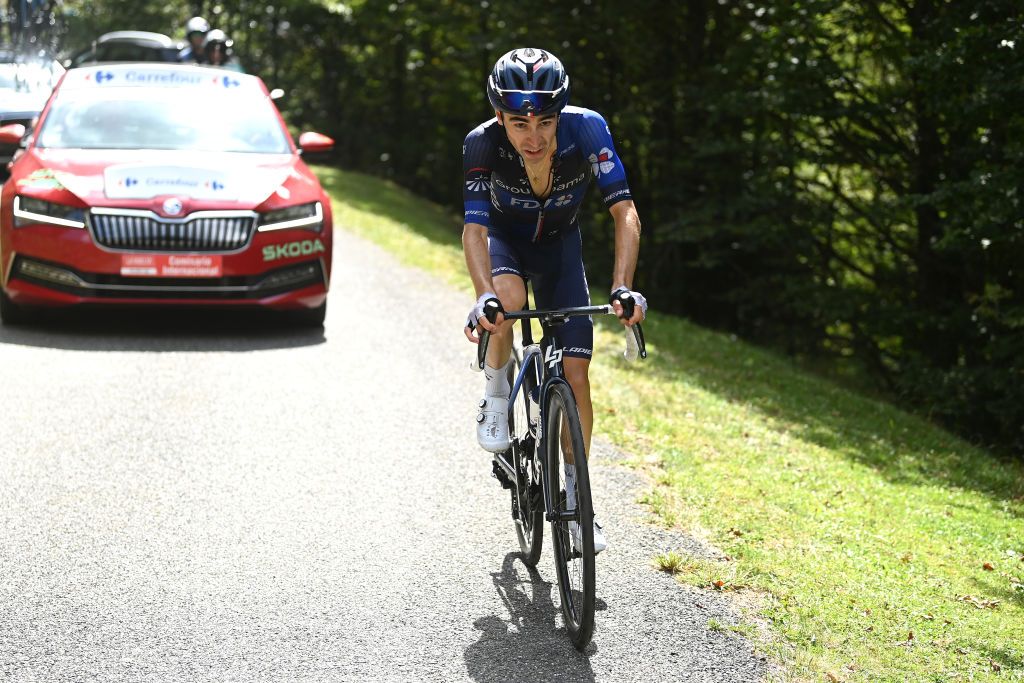 COL DU TOURMALET FRANCE SEPTEMBER 08 Lenny Martinez of France and Team Groupama FDJ dropped from the peloton during the 78th Tour of Spain 2023 a 1347km stage from Formigal Huesca la Magia to Col du Tourmalet 2115m UCIWT on September 08 2023 in Col du Tourmalet France Photo by Tim de WaeleGetty Images