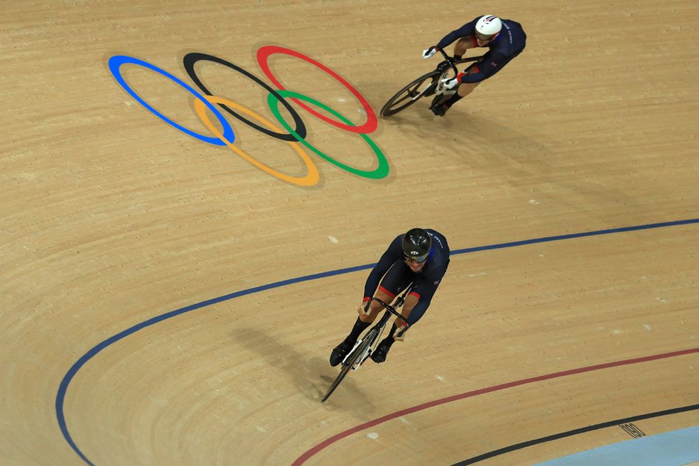 Jason Kenny &amp; Callum Skinner in action in the men's sprint in Rio