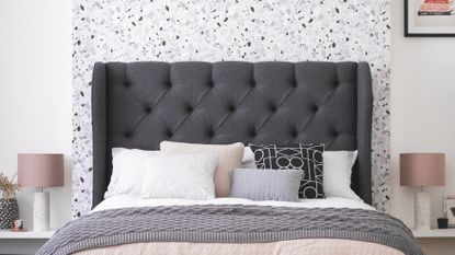 Button & Sprung Camelia king size bed frame in Slate soft wool, £1,075