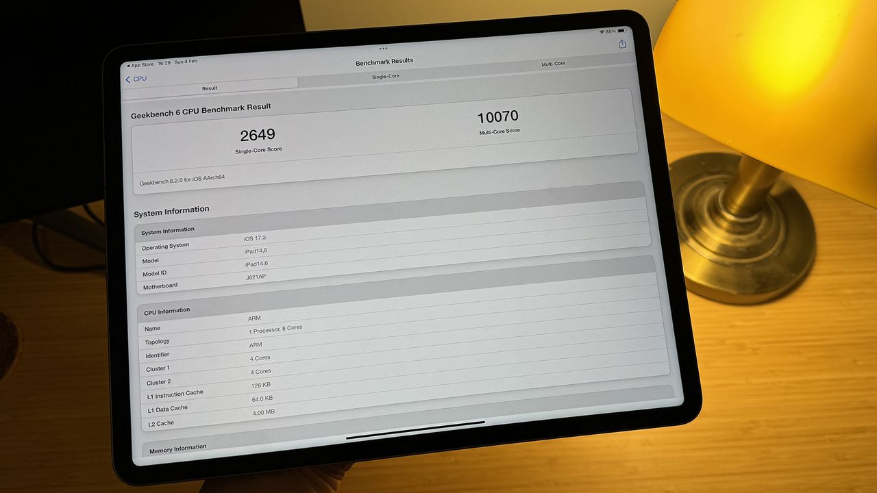 The CPU Geekbench results for the iPad Pro 2022.