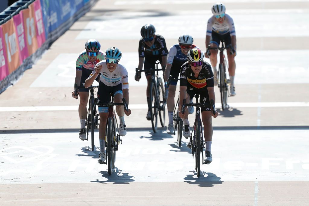 ROUBAIX FRANCE APRIL 16 LR Elise Chabbey of Switzerland and CanyonSRAM Racing Team Lucinda Brand of Netherlands and Team Trek Segafredo Floortje Mackaij of Netherlands and Team DSM Marta Cavalli of Italy and Team FDJ Nouvelle Aquitaine Futuroscope Lotte Kopecky of Belgium and Team SD Worx and Ellen Van Dijk of Netherlands and Team Trek Segafredo react after cross the finishing line in the Roubaix Velodrome Vlodrome Andr Ptrieux during the 2nd ParisRoubaix 2022 Womens Elite a 1247km one day race from Denain to Roubaix ParisRoubaixFemmes ParisRoubaix on April 16 2022 in Roubaix France Photo by Bas CzerwinskiGetty Images