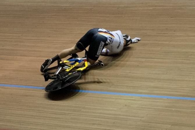 German Maximilian Levy takes a fall during the Men's Keirin final