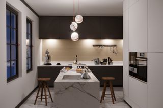 A kitchen with pendant light above the island