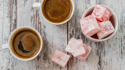 Rose Turkish delight with two Turkish coffees