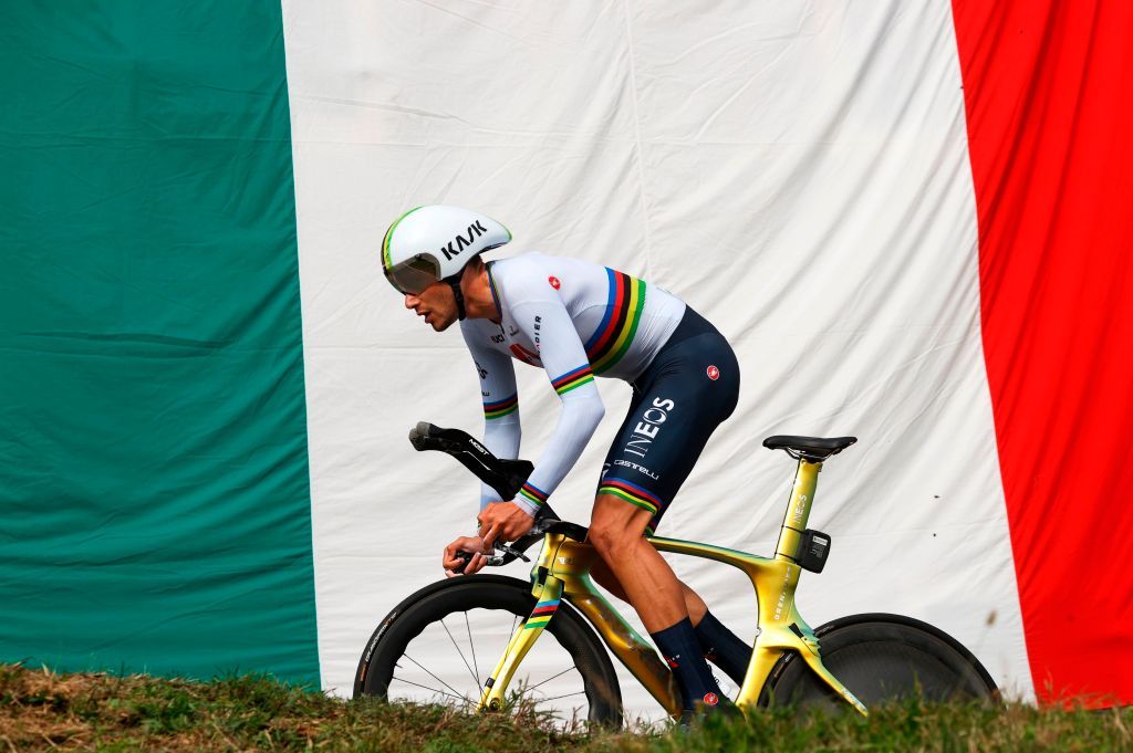 Team Ineos rider Italys Filippo Ganna rides during the fourteenth stage of the Giro dItalia 2020 cycling race a 341kilometer individual time trial between Conegliano and Valdobbiadene on October 17 2020 Photo by Luca BETTINI AFP Photo by LUCA BETTINIAFP via Getty Images