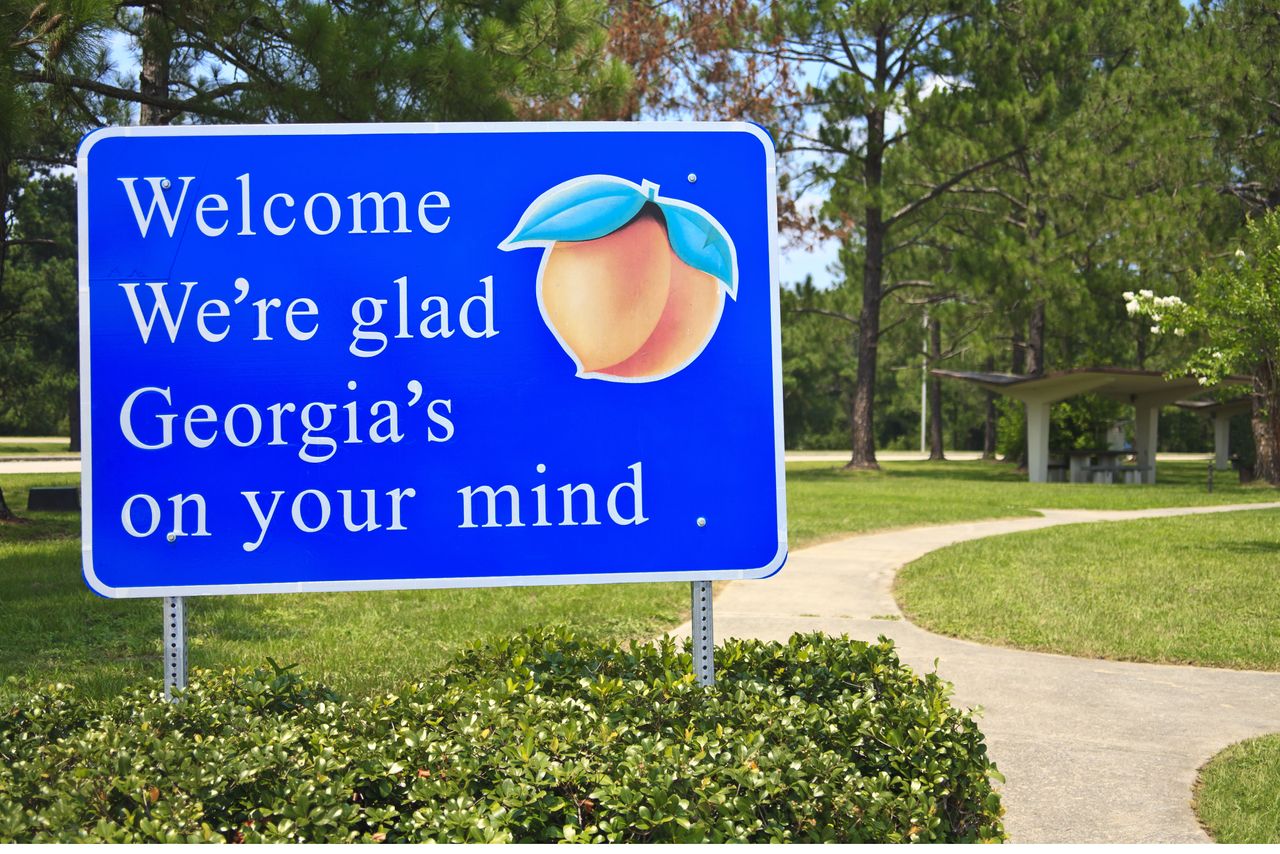 Georgia state welcome sign against greenery