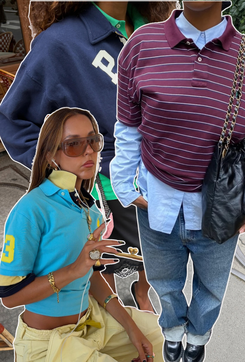 Three fashion people wear the layered polo shirt tend 2026. The style with with cargo shorts, jeans and loafers and a lace-trim mini skirts and heeled ballet flats.