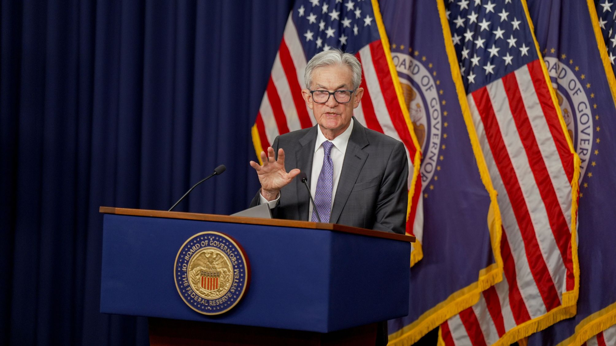 Jerome Powell speaking at a news conference following the December Federal Open Market Committee meeting. 