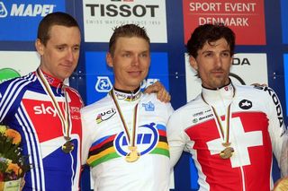 The elite men's time trial podium: Bradley Wiggins, Tony Martin and Fabian Cancellara