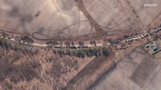 Maxar Technologies' WorldView-3 satellite captured this view of part of the 40-mile-long (64 kilometers) Russian invasion convoy headed for the Ukrainian capital of Kyiv on Feb. 28, 2022.