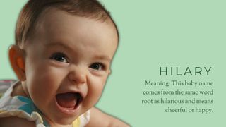 Laughing little baby alongside the unpopular baby name Hilary