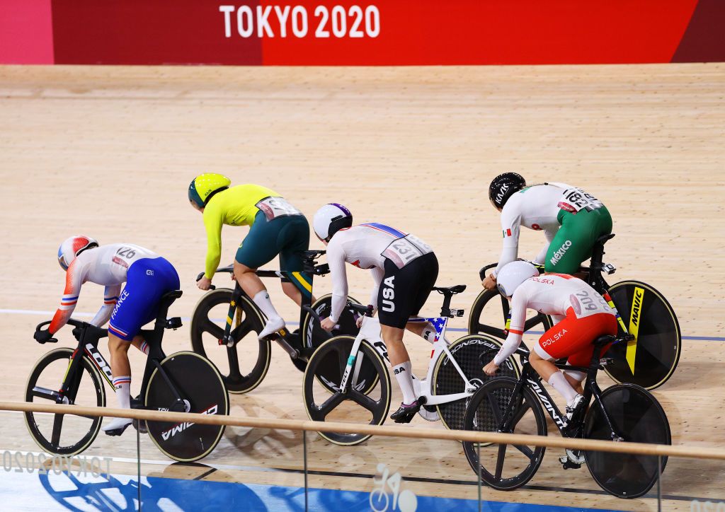 IZU JAPAN AUGUST 04 Detailed view of Mathilde Gros of Team France Kaarle Mcculloch of Team Australia Madalyn Godby of Team United States Yuli Verdugo Osuna of Team Mexico and Urzula Los of Team Poland as they compete during the Womens Keirin first round heat 5 of the track cycling on day twelve of the Tokyo 2020 Olympic Games at Izu Velodrome on August 04 2021 in Izu Japan Photo by Tim de WaeleGetty Images