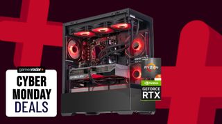 An IPASON gaming desktop with red lighting on a red Cyber Monday deals background