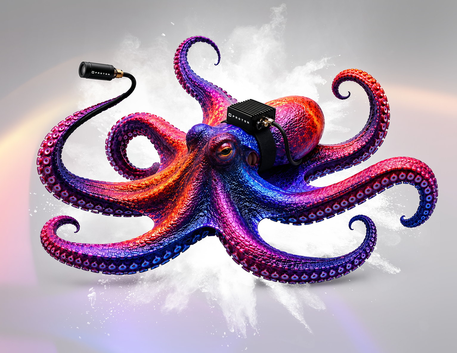 Proton Camera Innovations camera mounted on a graphic of an octopus