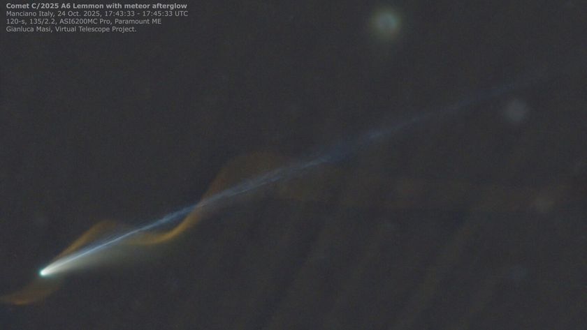 An image of a comet with a straight blue tail and a red meteor corkscrewing around the comet