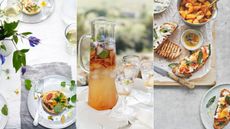 Crab, broad bean, tomato and Marigold tart, Fruit and herb cooler, Apple and ricotta toast