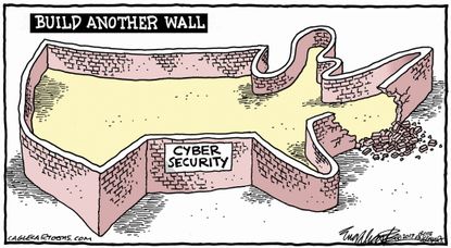 Political Cartoon U.S. Mexico border wall cyber security hole