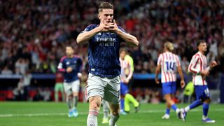 Viktor Gyoekeres of Arsenal celebrates scoring his team's first goal from the penalty spot during the UEFA Champions League 2025/26 Semi Final First Leg