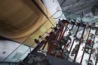 Artist's rendering of one of the glass-floor platforms in the Samuel Oschin Air and Space Center, which will offer guests unique views of the space shuttle Endeavour.