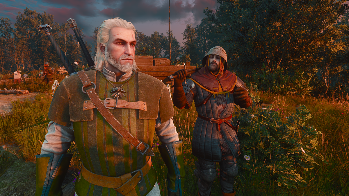 Geralt and a Nilfgaardian soldier observe a sunset.