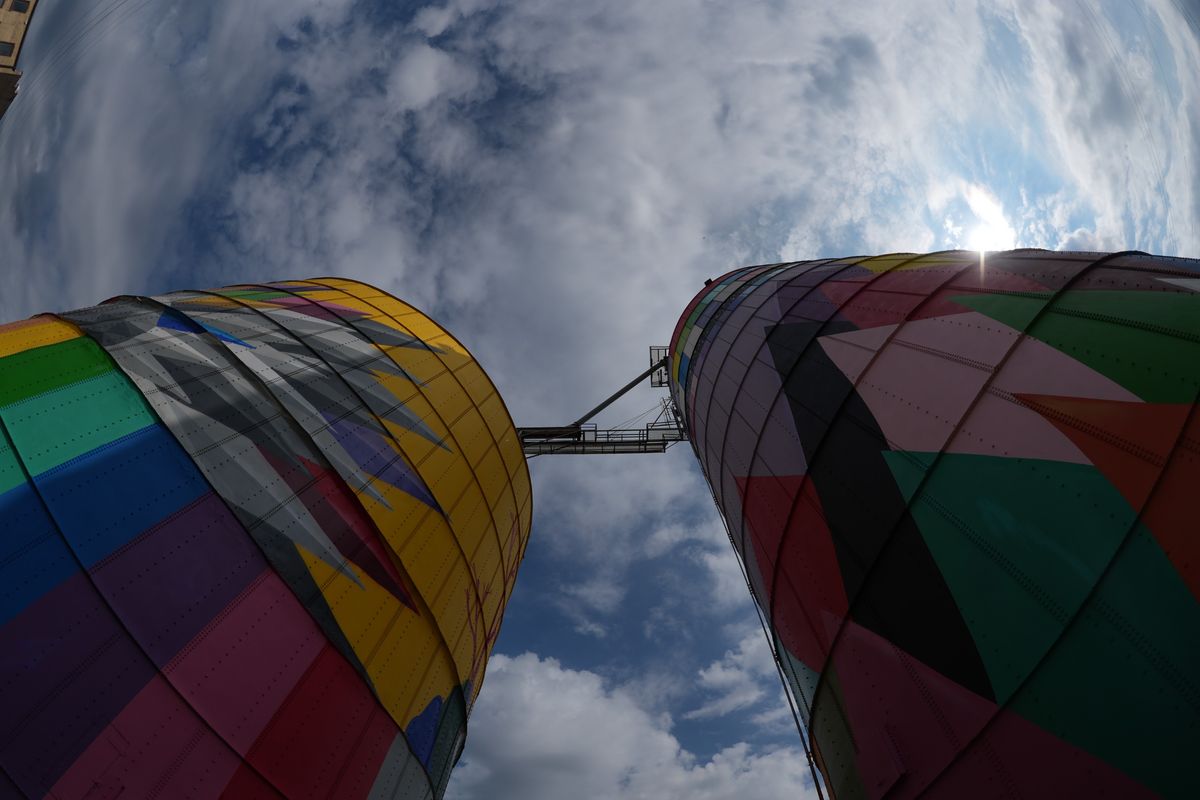 An image sample from the Sony FE 8-14mm f/3.5 Fisheye G of colorful silos