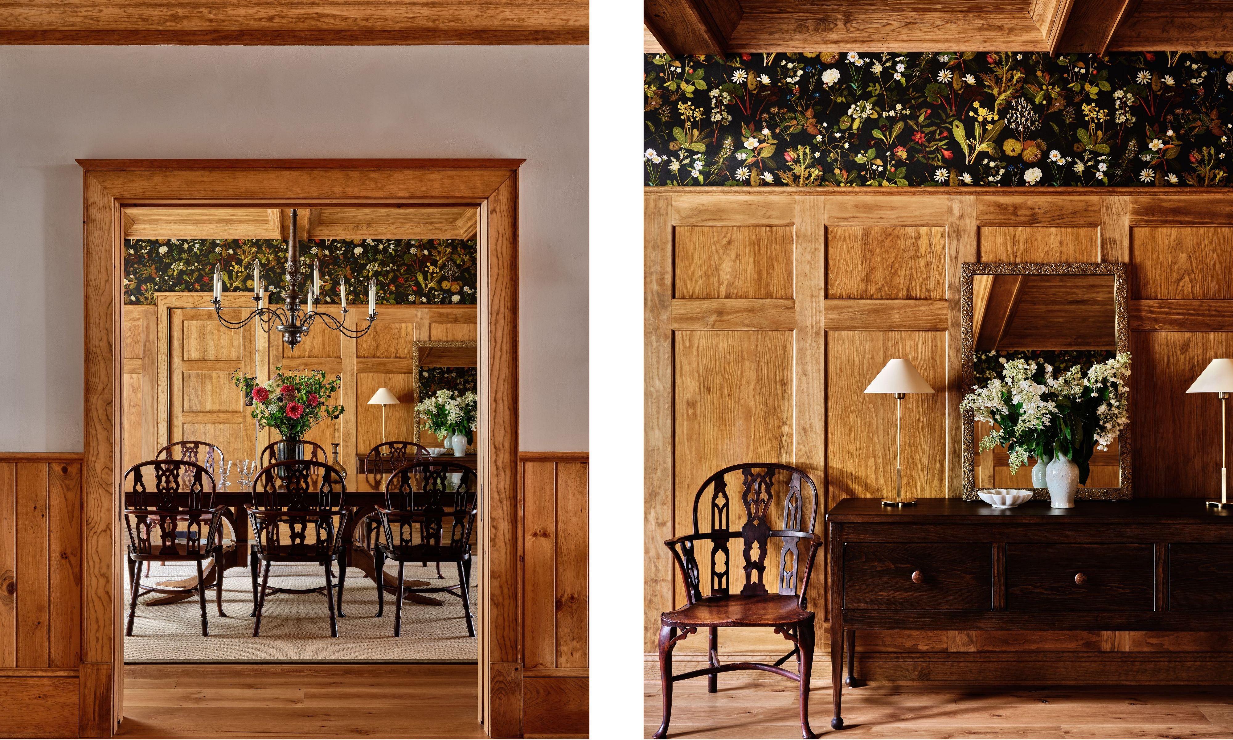 two side by side images of a wood paneled dining room with black floral wallpaper and large dark brown wooden antique table and chairs