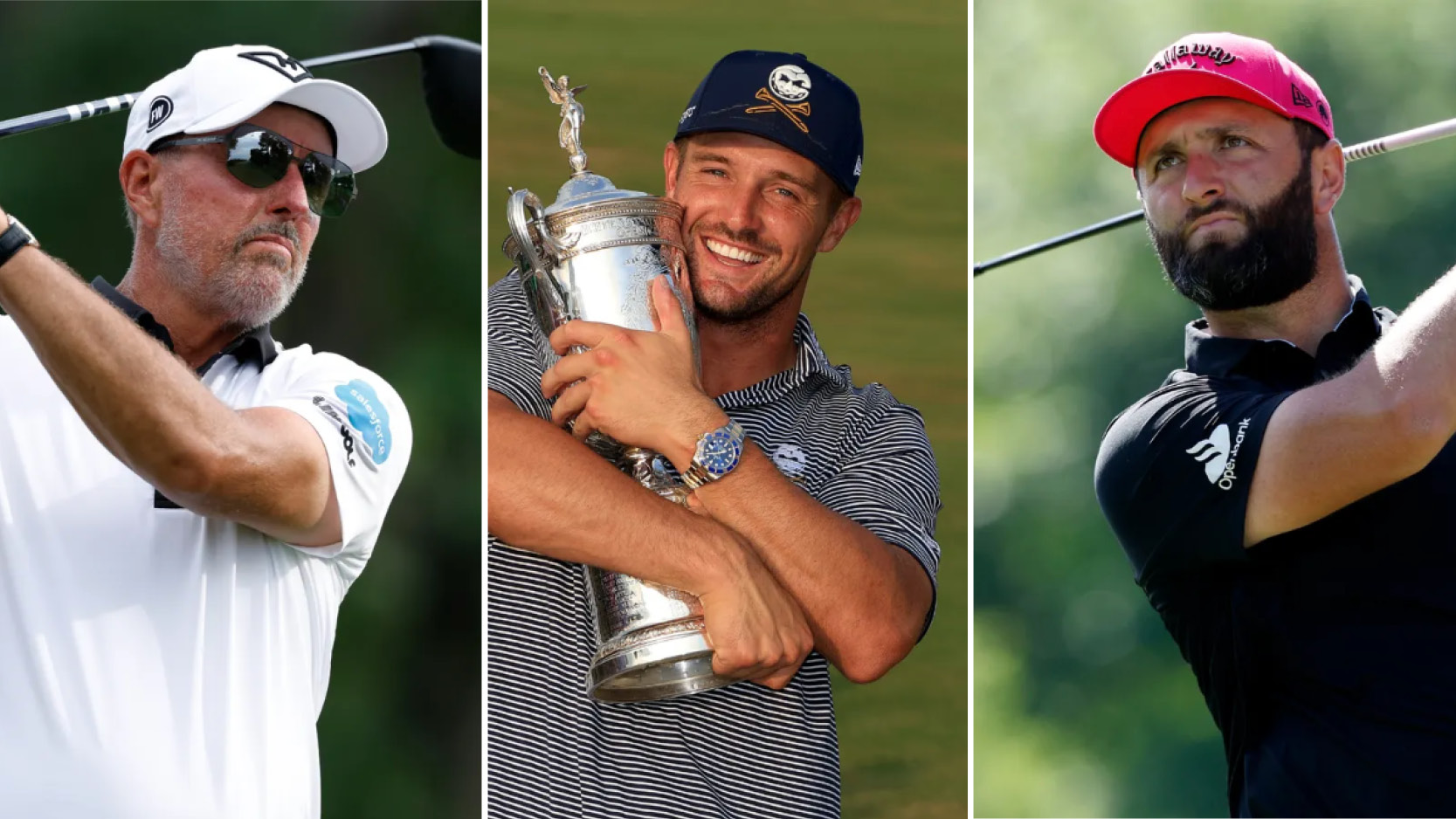 (L to R) Phil Mickelson, Bryson DeChambeau holding the US Open trophy, and Jon Rahm