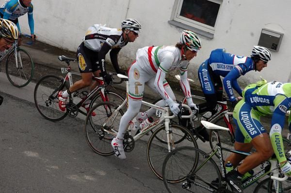Filippo Pozzato (Katusha) is easy to pick out in his all white Italian champion's kit.