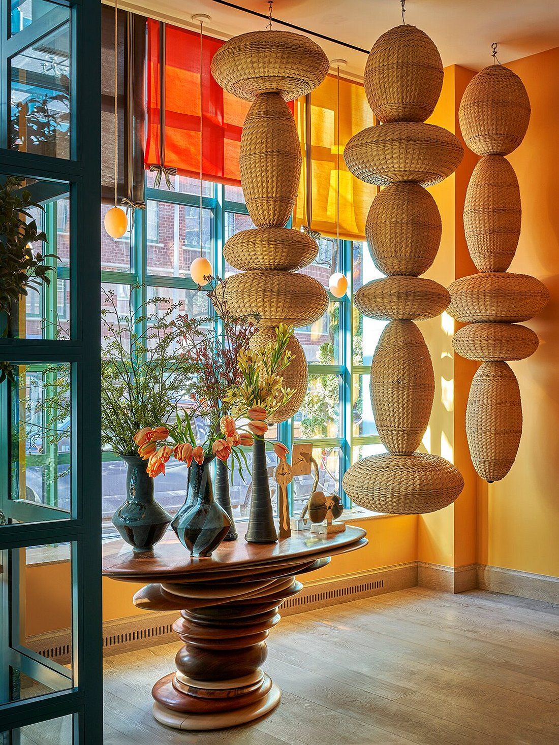 A vibrantly decorated hotel bringing British eccentrism to New York features a mixture of colorful textures, finishes, and textiles for a striking result.