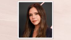Victoria Beckham is pictured wearing a black blazer whilst attending the premiere of "Lola" at Regency Bruin Theatre on February 03, 2024 in Los Angeles, California/ in a pastel pink textured template