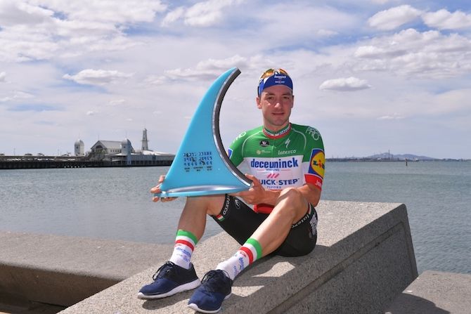 Elia Viviani (Deceuninck-QuickStep) with his trophy after winning the 2019 Cadel Evans Great Ocean Road Race