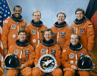 The crew of the space shuttle Columbia’s STS-55 mission, which launched on April 26, 1993 and landed on May 6 of that year. Clockwise from top left: Bernard Harris (NASA), Hans Schlegel (DLR), Jerry Ross (NASA), Ulrich Walter (DLR), Charles Precourt (NASA), Steven Nagle (NASA) and Terence Henricks (NASA).