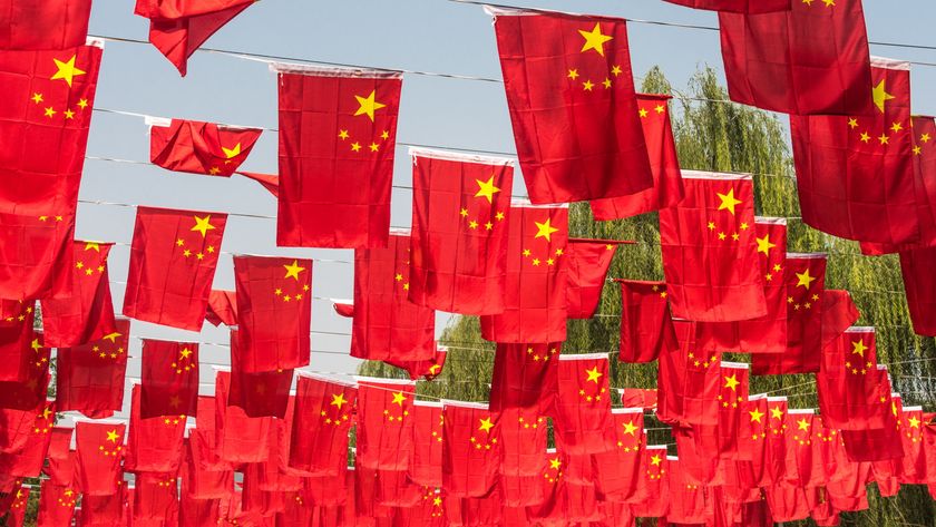 Flags of the People&#039;s Republic of China, hanging in a park during National Day in Beijing, China