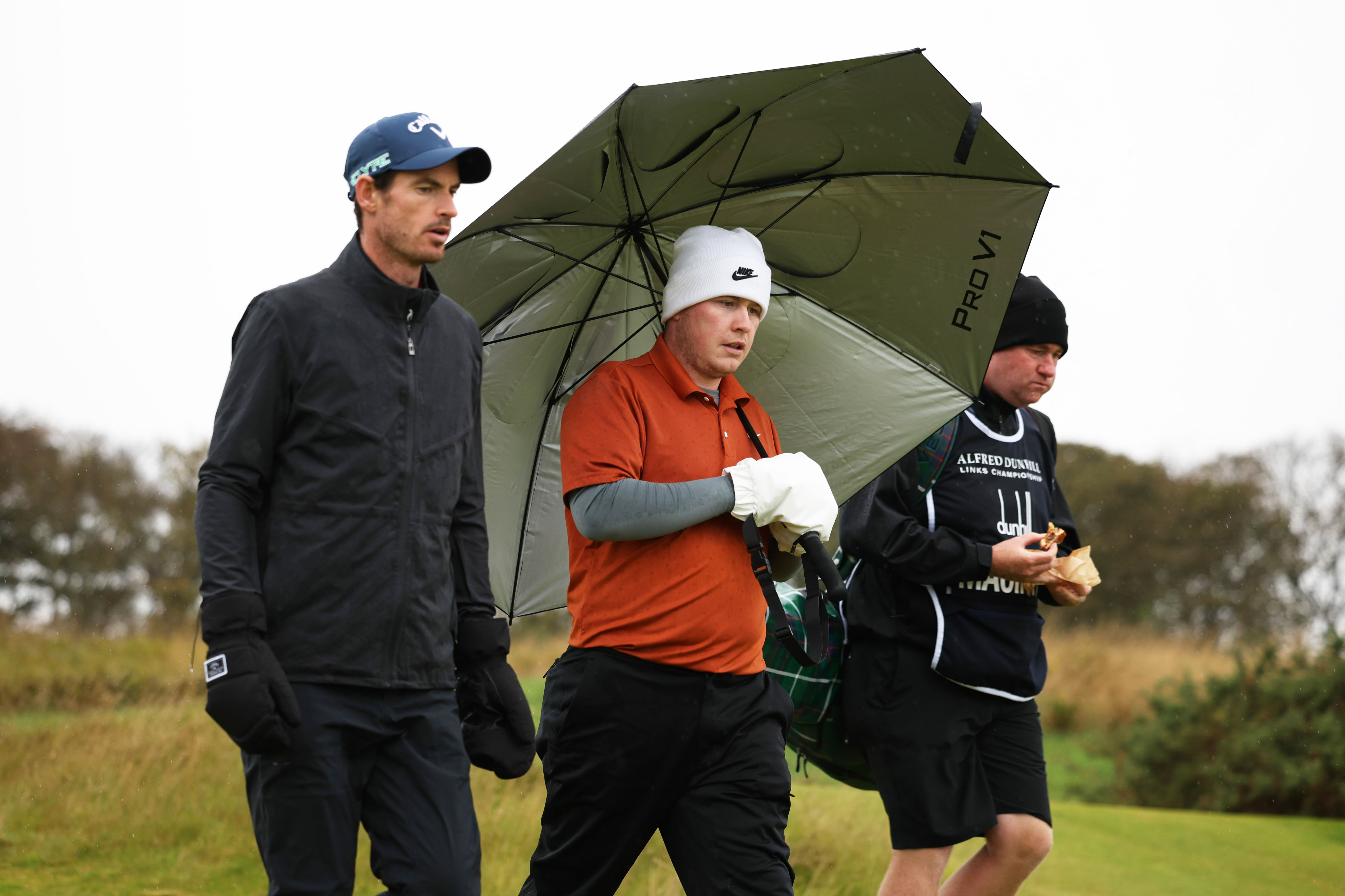 KINGSBARNS, SCOTLAND - OCTOBER 03: Sir Andy Murray and Robert MacIntyre of Scotland during Day Two of the Alfred Dunhill Links Championship 2025 at Kingsbarns Golf Links, on October 03, 2025, in Kingsbarns, Scotland. (Photo by Ross Parker/SNS Group via Getty Images)