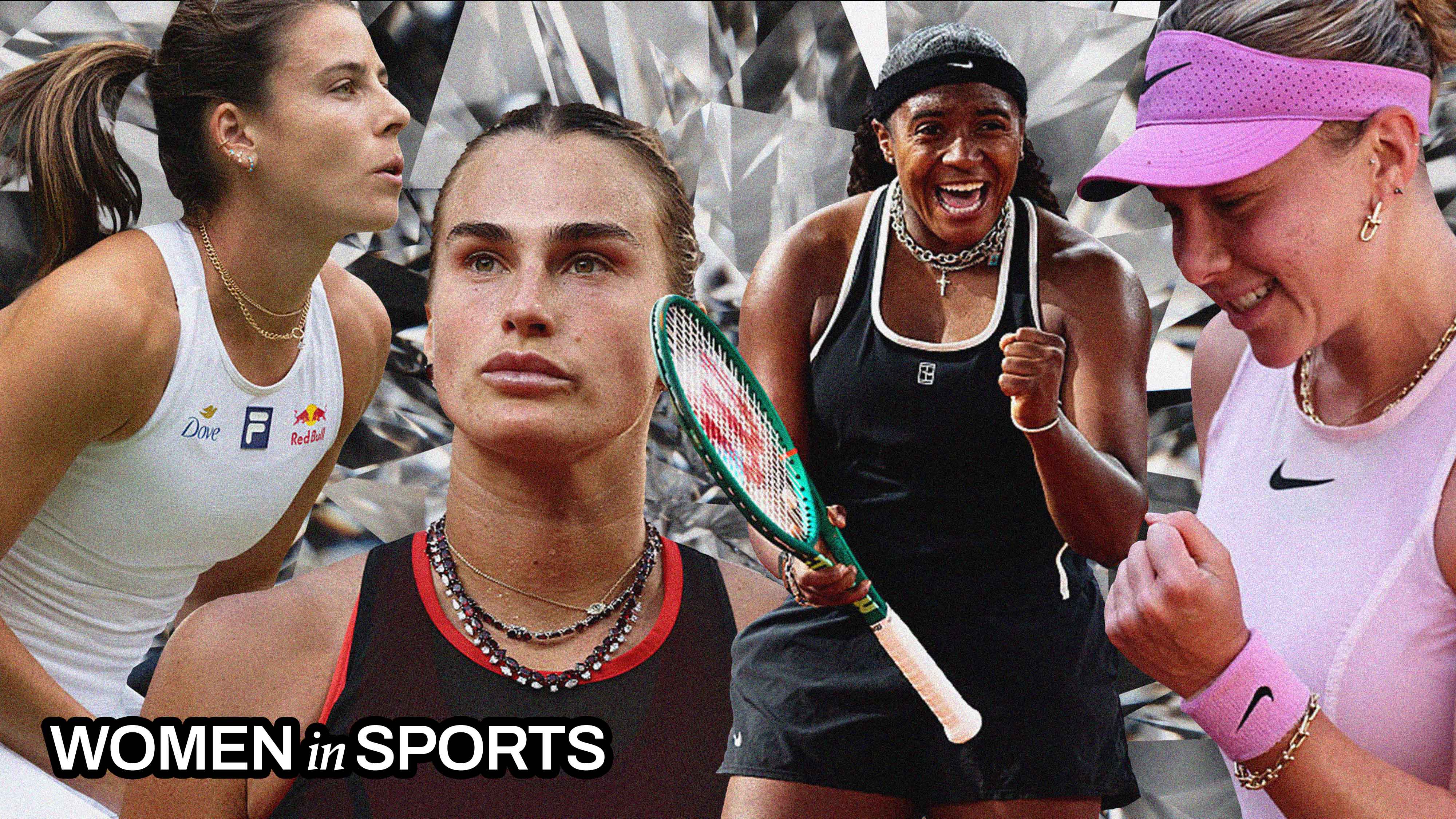 a collage of tennis legends on the court wearing bracelets, necklaces, and rings