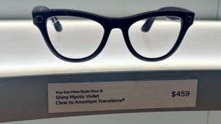 Ray-Ban Meta (Gen 2) glasses on display in the Skyler Shiny Mystic Violet Clear to Amethyst Transitions style