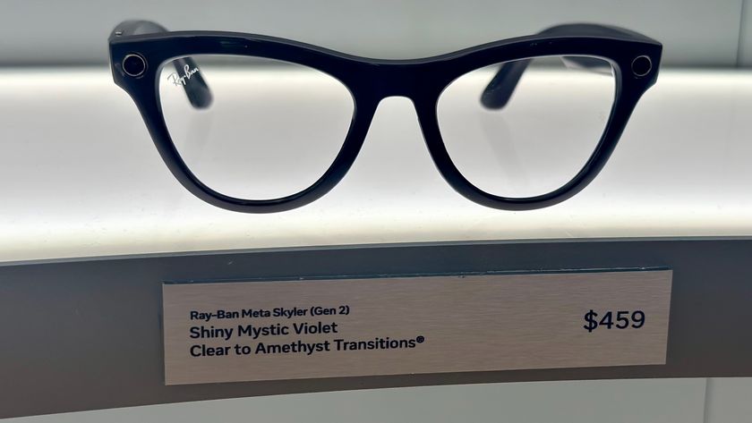 Ray-Ban Meta (Gen 2) glasses on display in the Skyler Shiny Mystic Violet Clear to Amethyst Transitions style