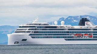 The Viking Polaris, a Norwegian-flagged cruise ship, is seen anchored by Ushuaia, southern Argentina, on Dec. 1, about two days after a suspected rogue wave hit it, killing one passenger.