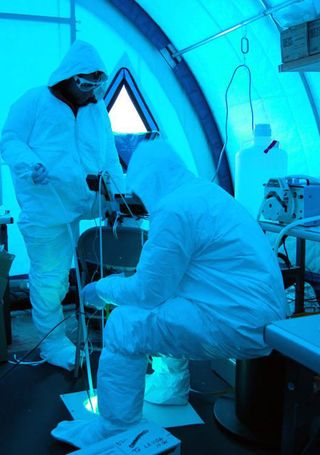 Scientists looking for bacteria in the waters of a buried Antarctic lake used a clean room environment to keep the area sterile and avoid introducing contamination.