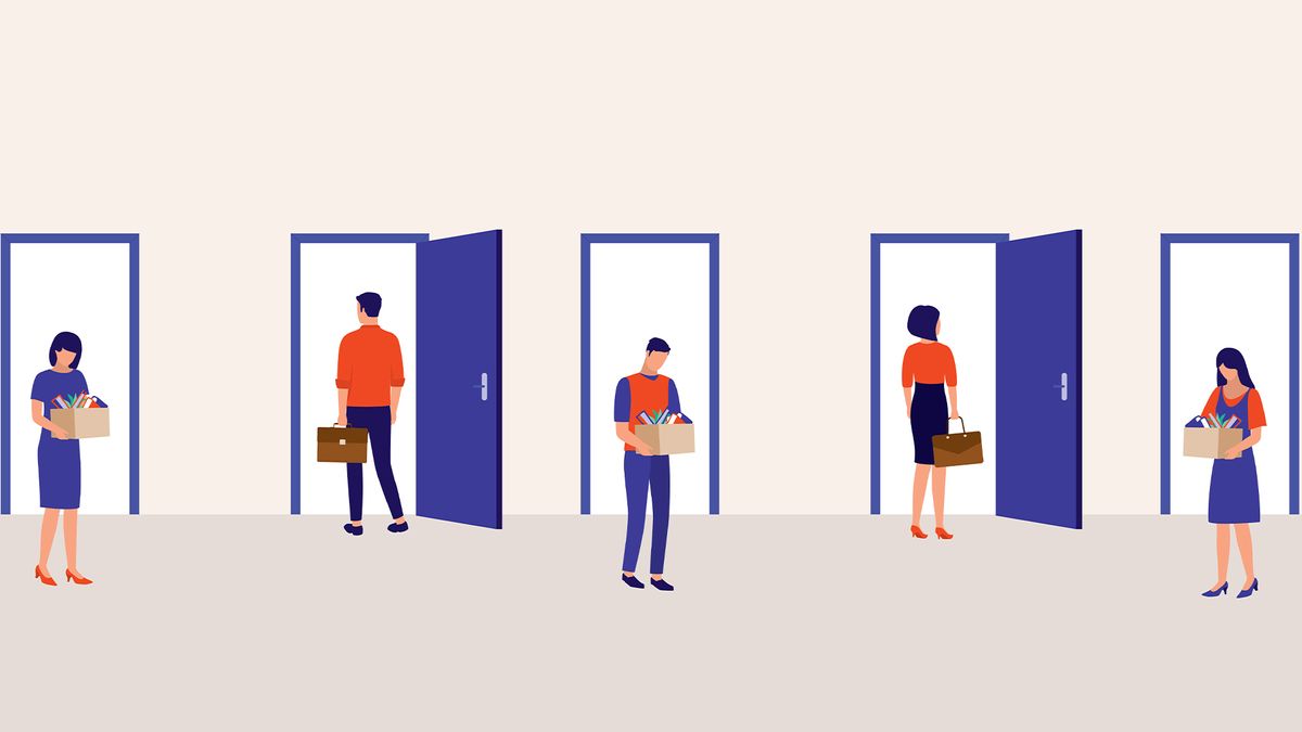 Tech layoffs concept image showing dismissed workers with boxes full of work materials leaving through open doors while others enter.