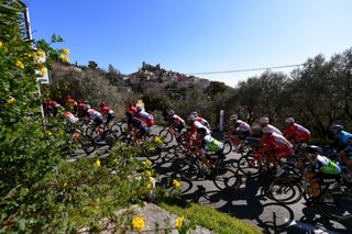 FAYENCE FRANCE FEBRUARY 20 The peloton during the 53rd Tour Des Alpes Maritimes Et Du Var Stage 2 a 1689km stage from Fayence to Fayence 357m Village Landscape letour0683 on February 20 2021 in Fayence France Photo by Luc ClaessenGetty Images