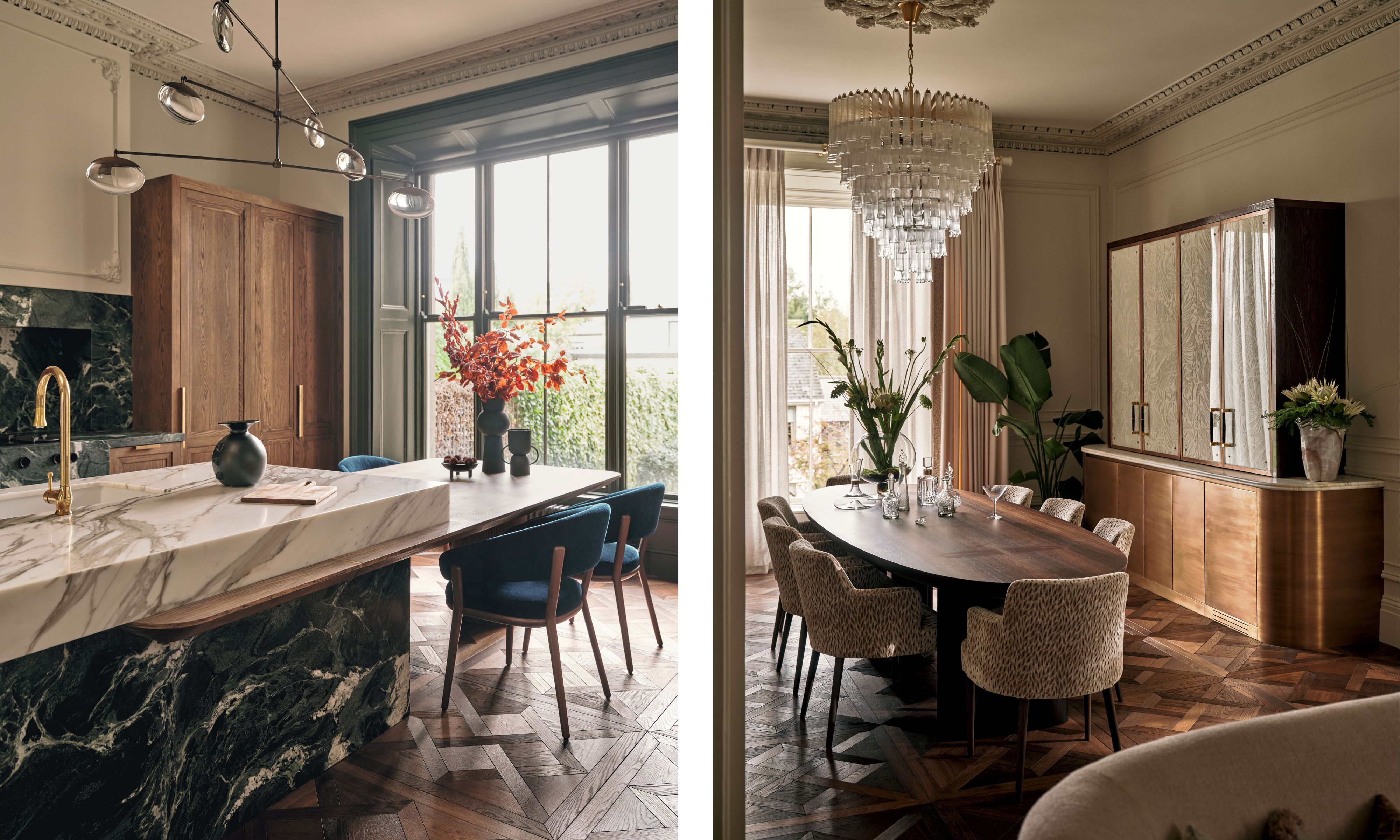Left image: a wooden kitchen with dramatic dark marble island with a white marble countertop. There are large windows with dark trim and a sculptural light fixture hangs above the island. Right image: Elegant dining room featuring a large dark wood oval table, plush upholstered chairs, and a statement crystal chandelier. A mirrored cabinet with brass base stands against the wall, and tall windows are framed by soft, neutral curtains.