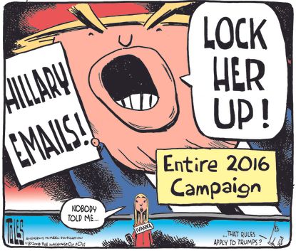 Political cartoon U.S. Trump lock her up 2016 campaign Hillary Clinton Ivanka personal email
